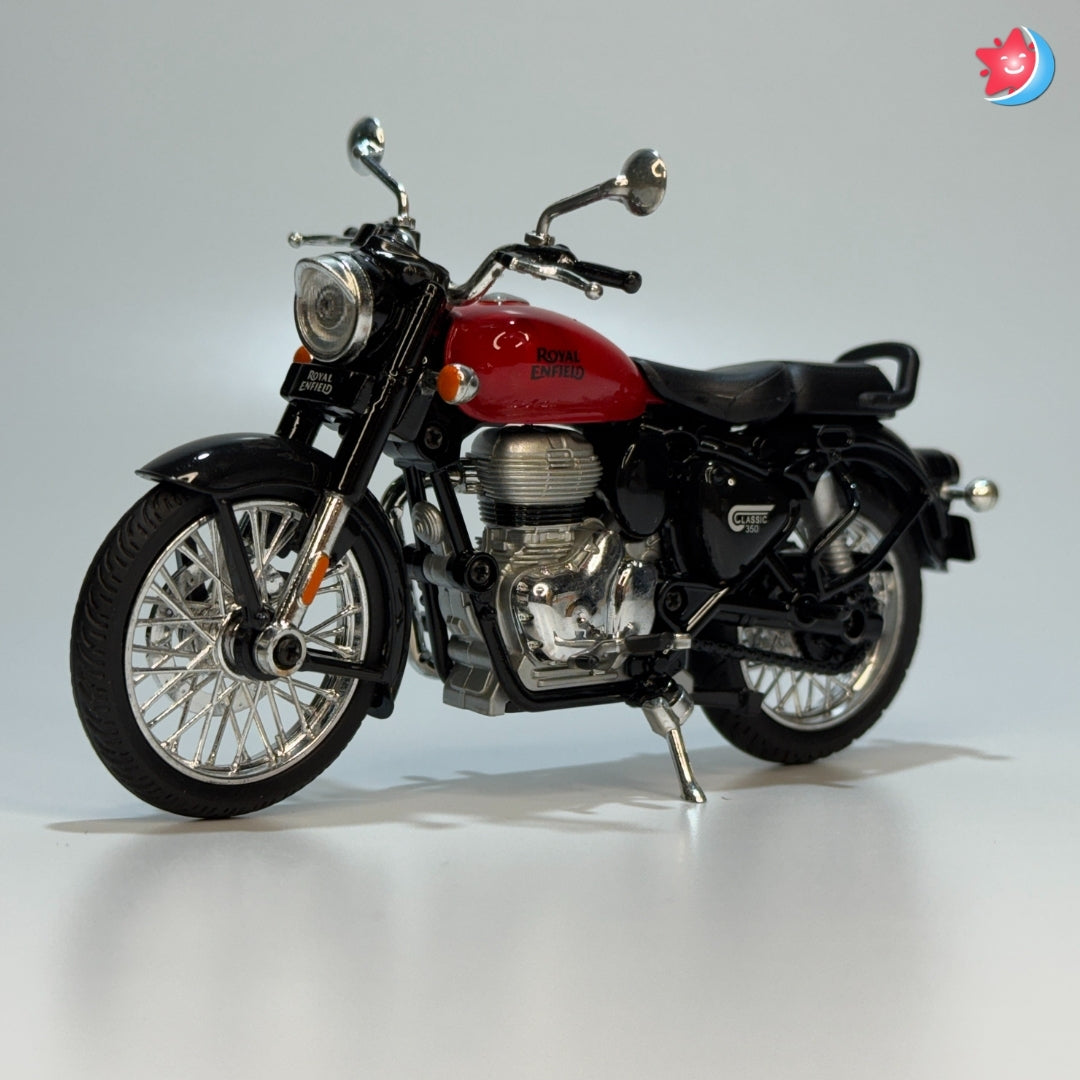 Model motorcycle with red and black design on a light gray background